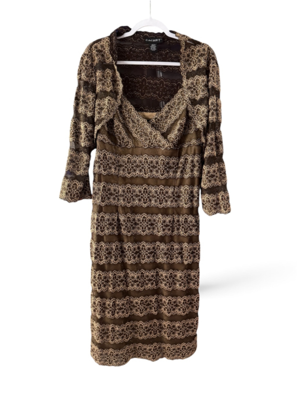 Women's Cachet Brown Gold Lace Midi Dress Size 14